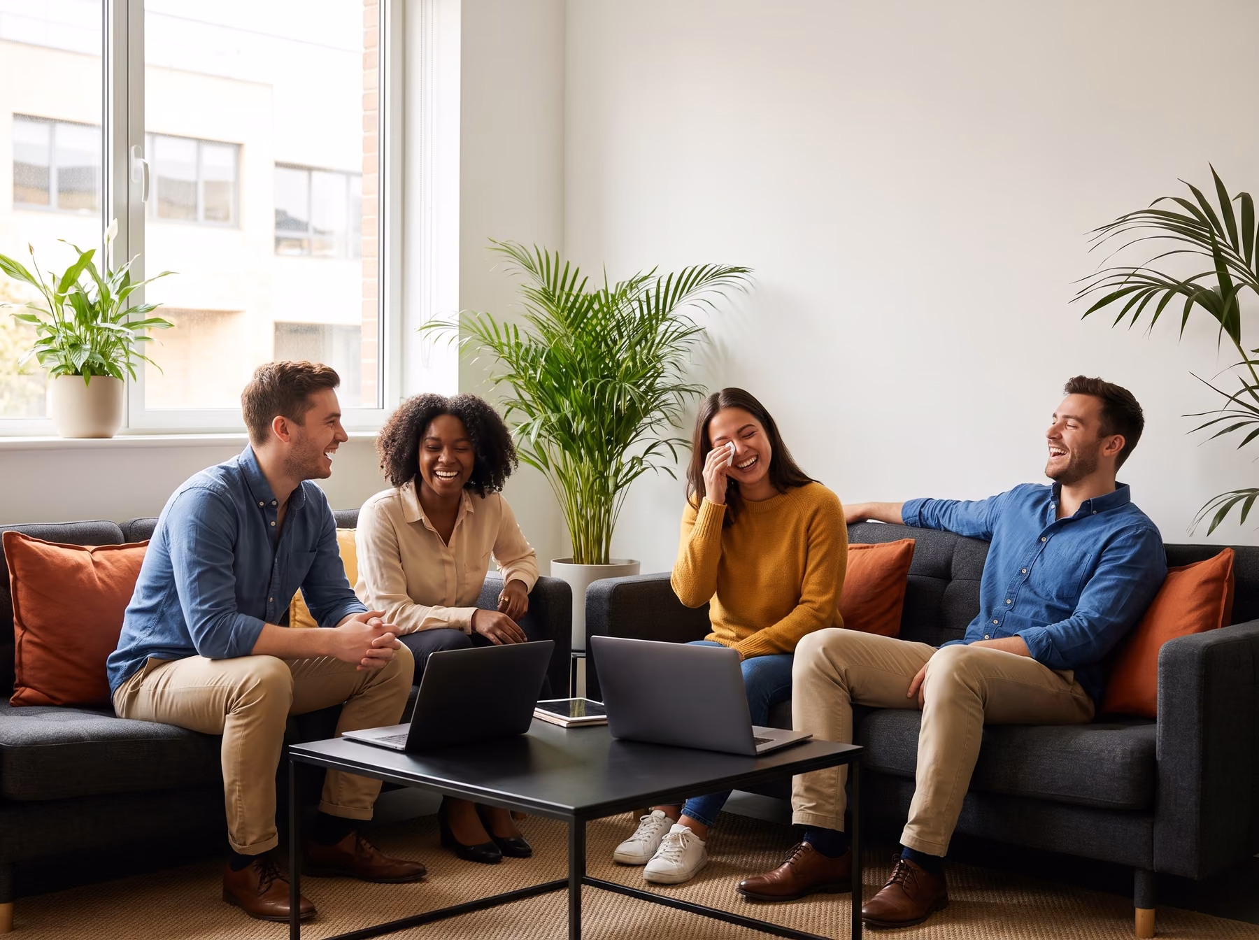 Team members laughing together in the studio lounge
