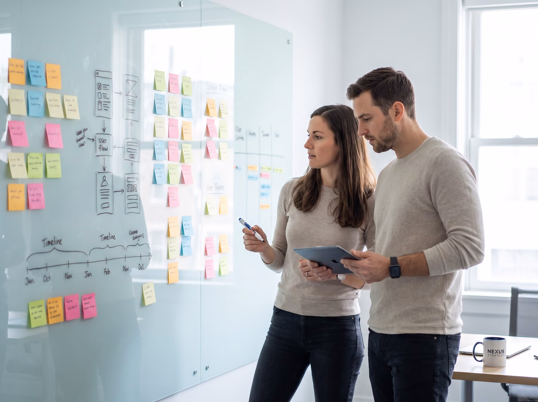 Two strategists mapping a product roadmap on a glass wall
