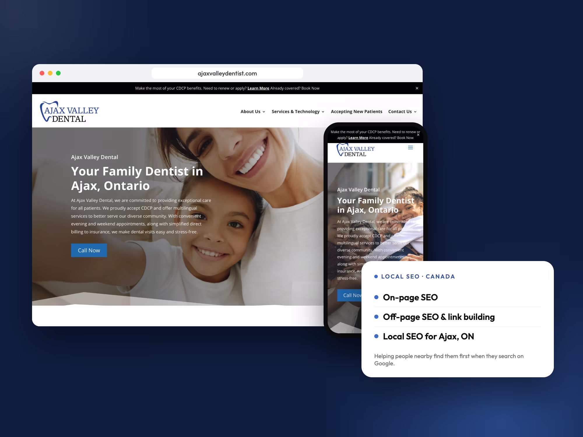 Ajax Valley Dental website on desktop and mobile with its local SEO services