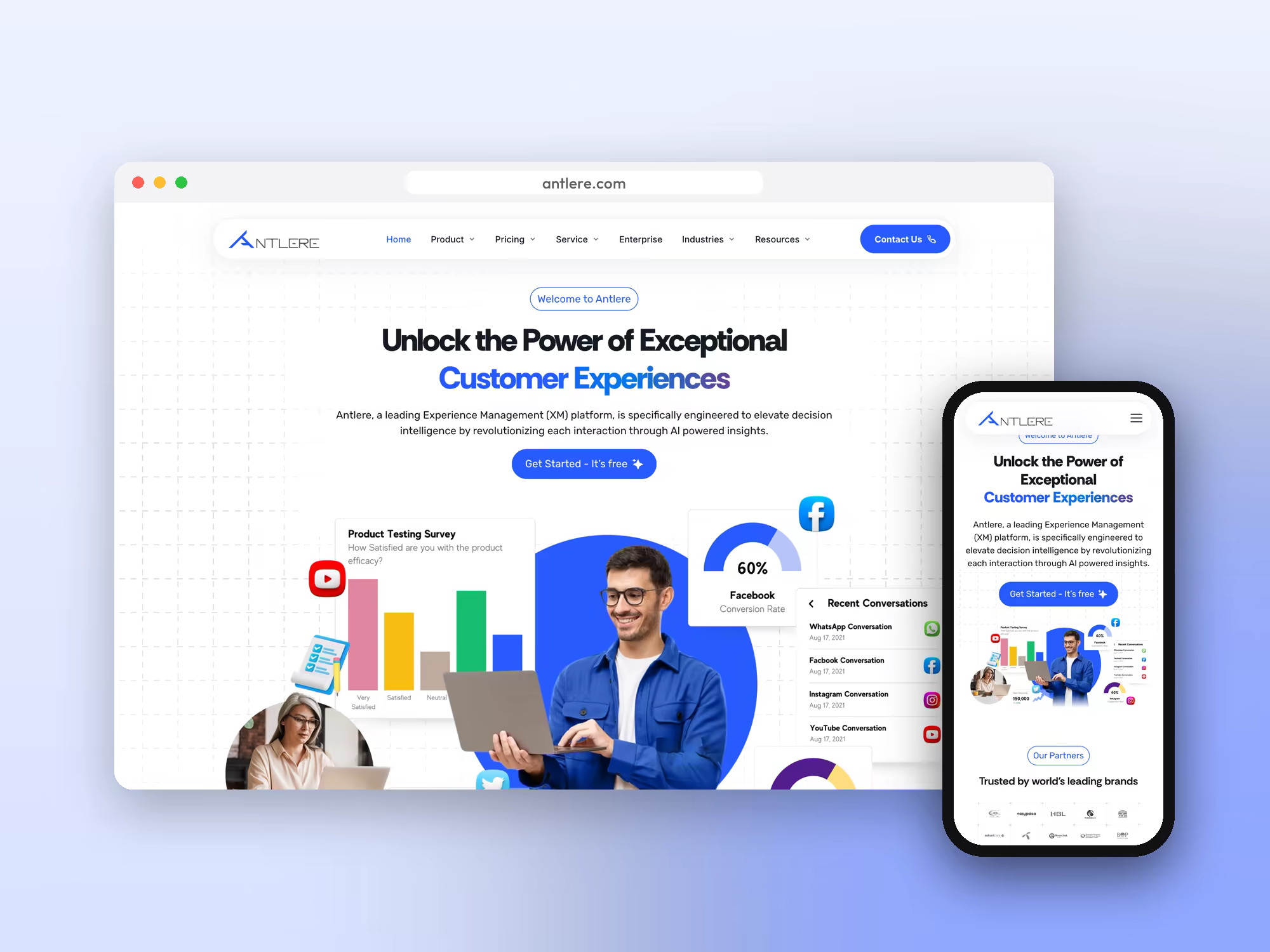 Antlere customer experience platform website on desktop and mobile