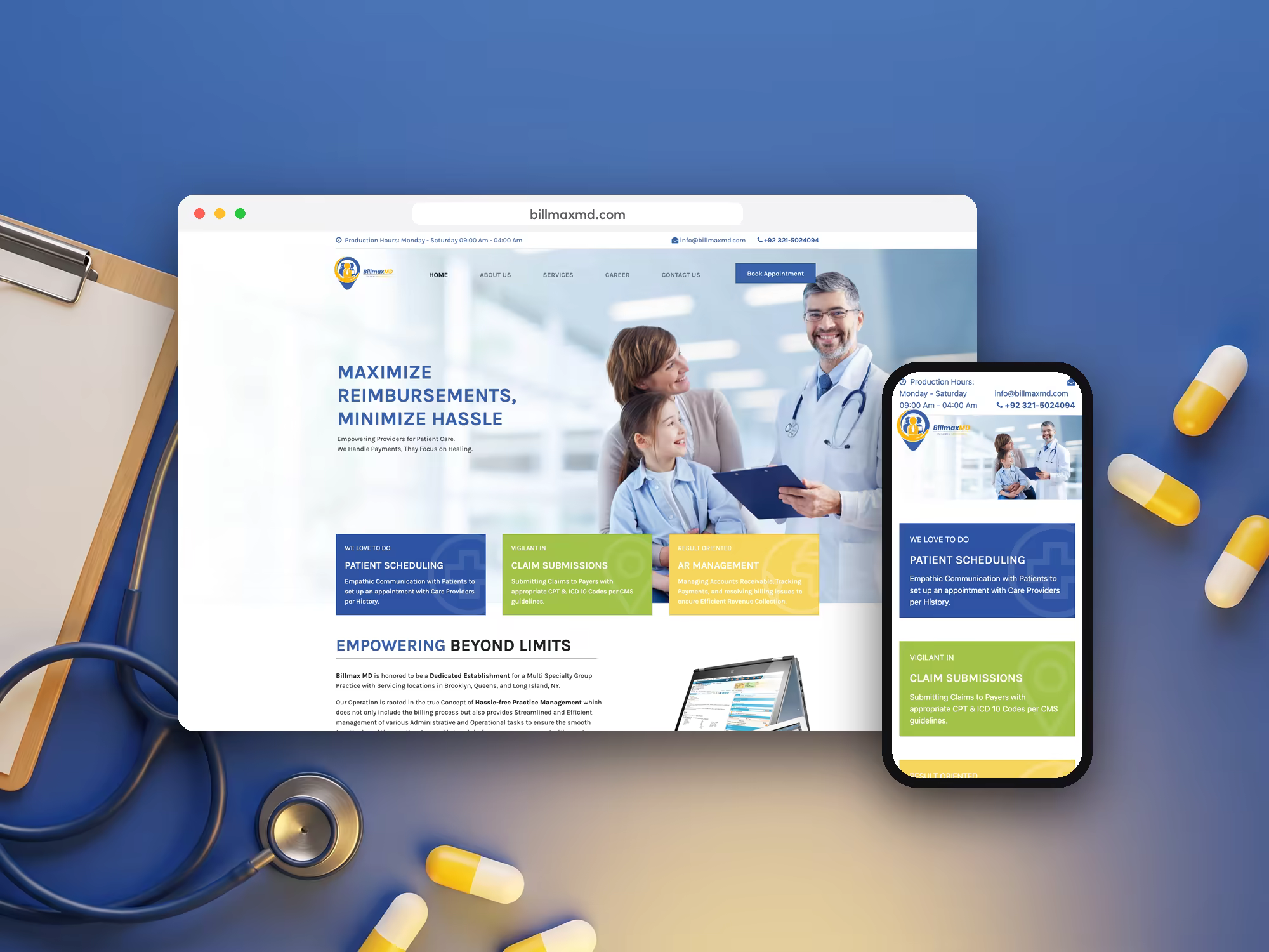 BillmaxMD medical billing website on desktop and mobile
