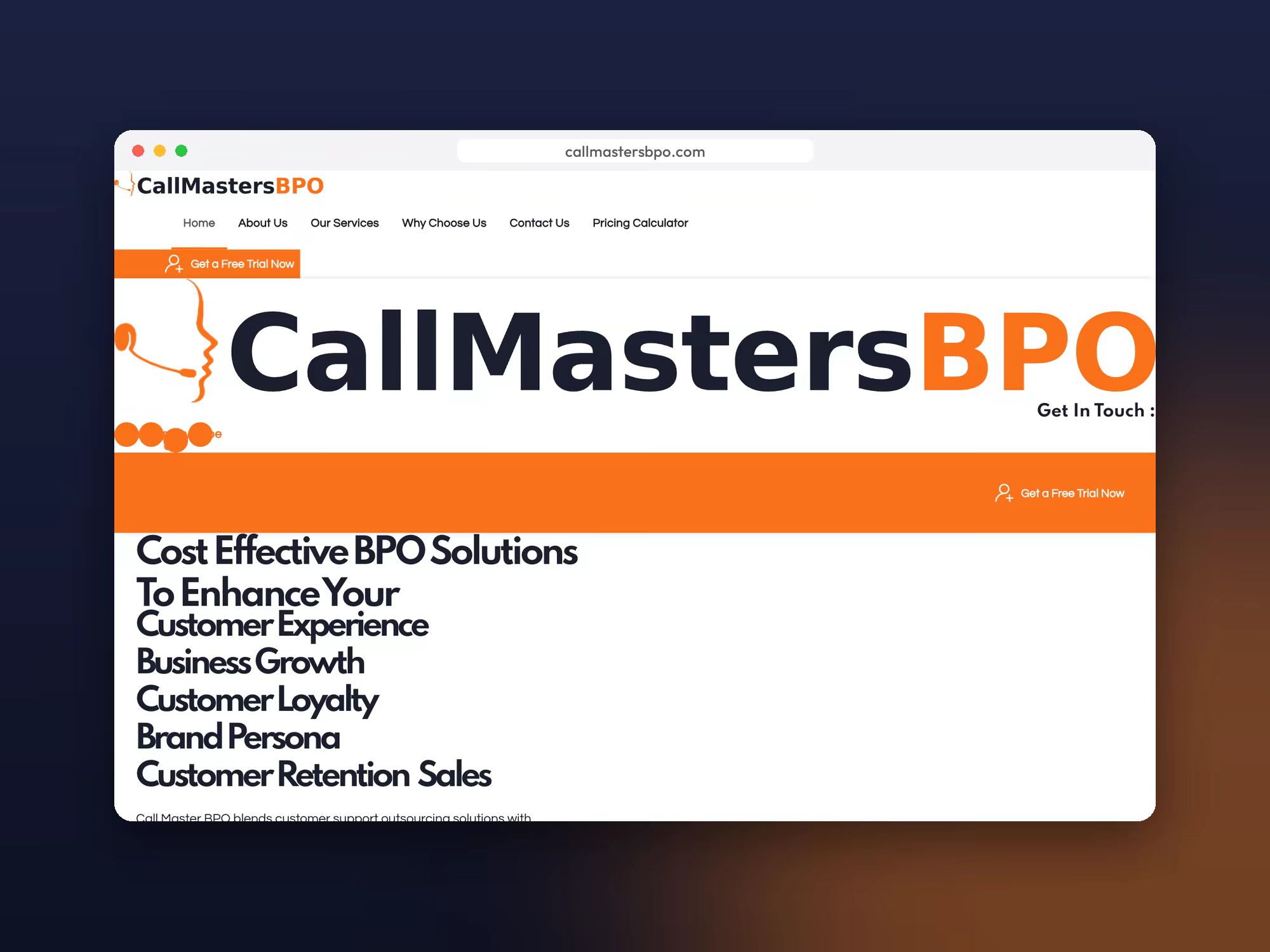 Call Masters BPO call center website on desktop