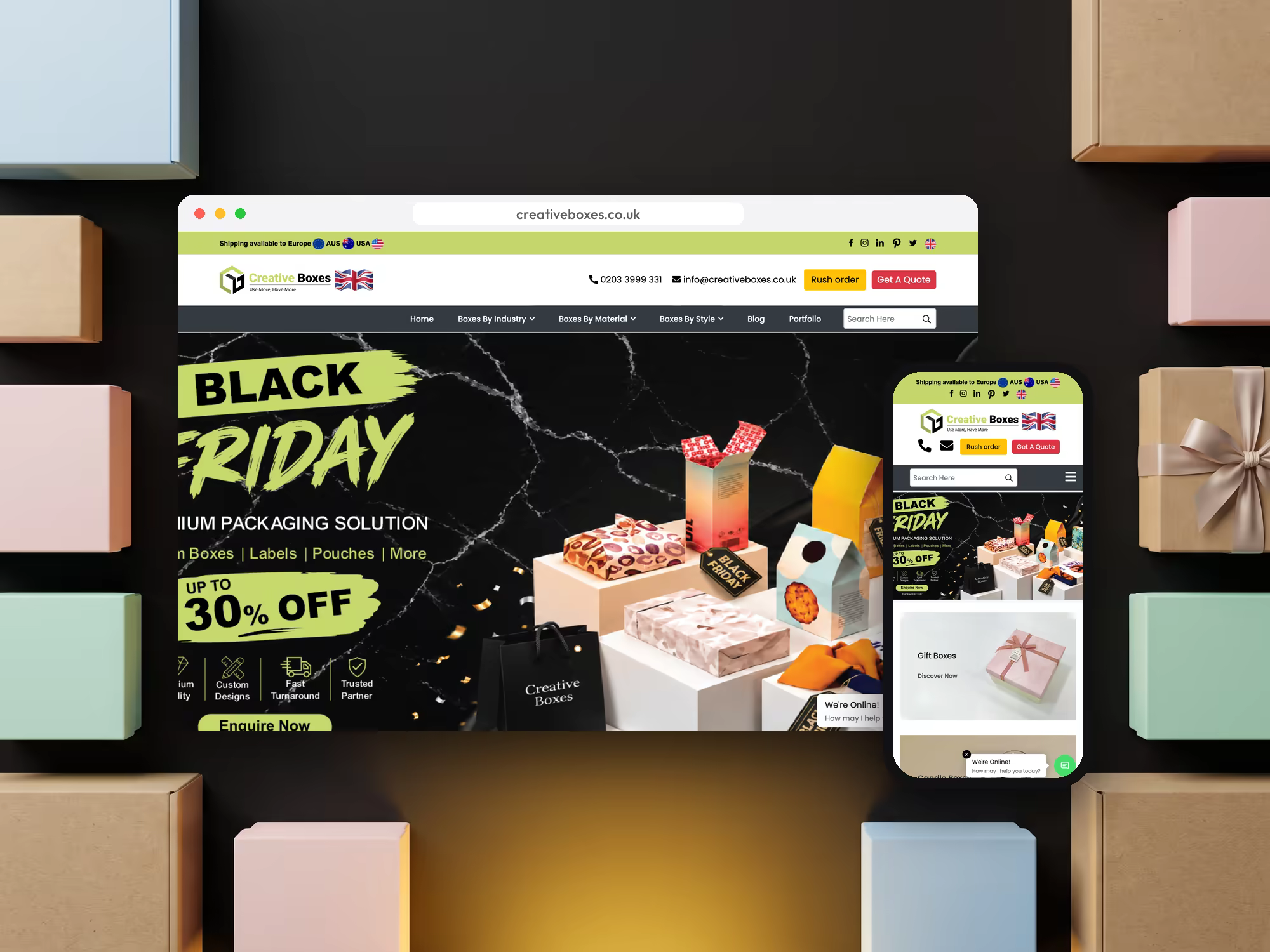 Creative Boxes custom packaging store on desktop and mobile