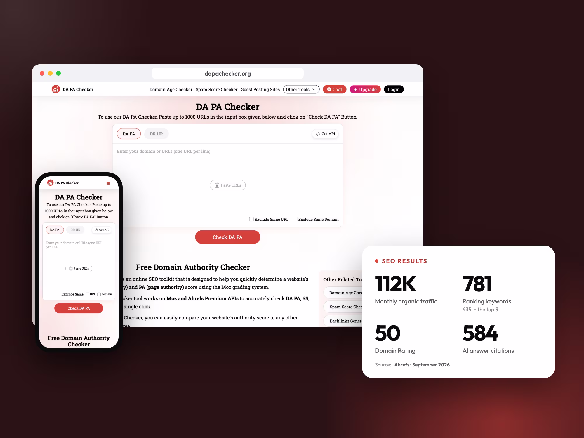 DA PA Checker website with its SEO results: 112K monthly organic visits