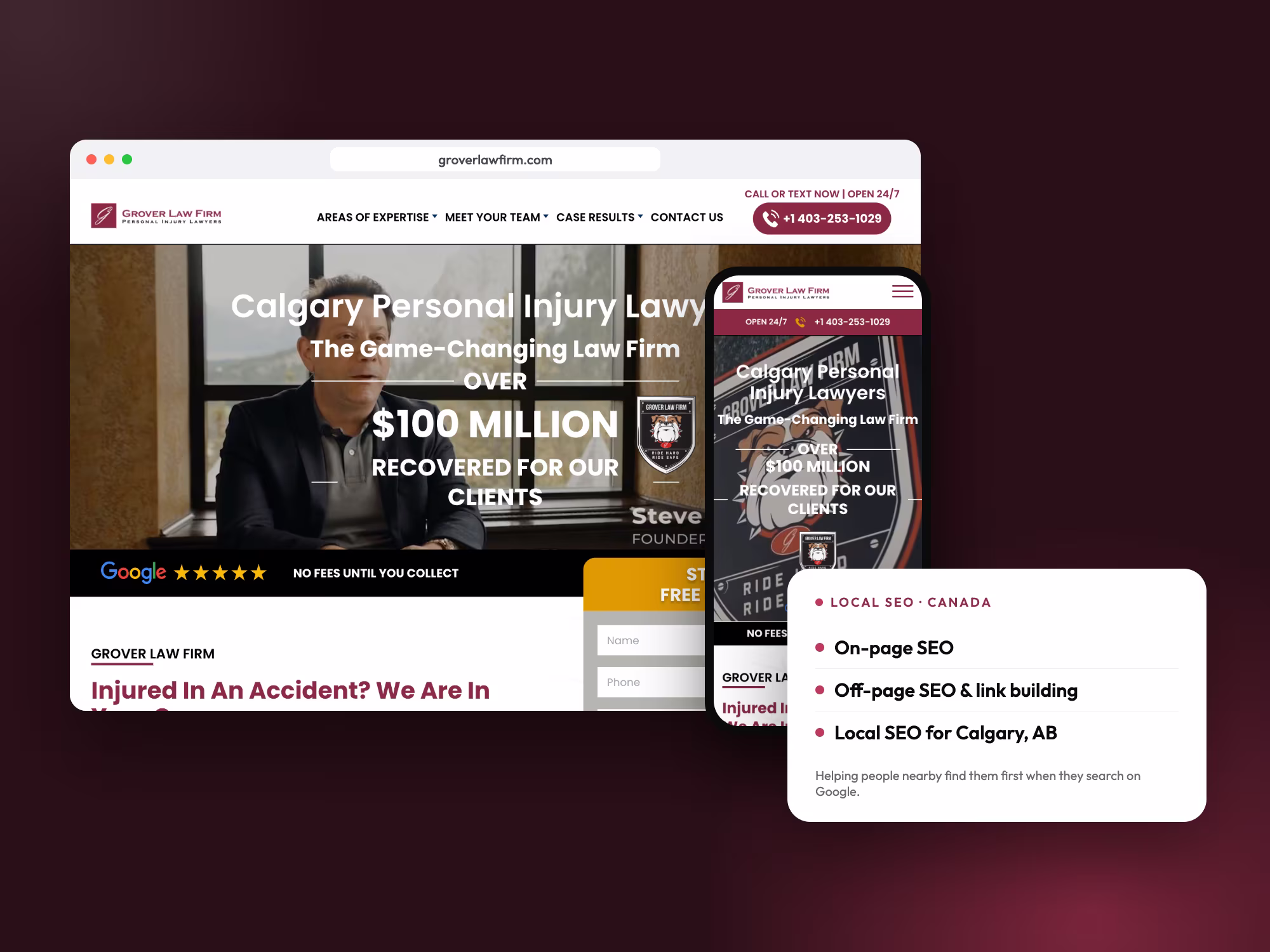 Grover Law Firm website on desktop and mobile with its local SEO services