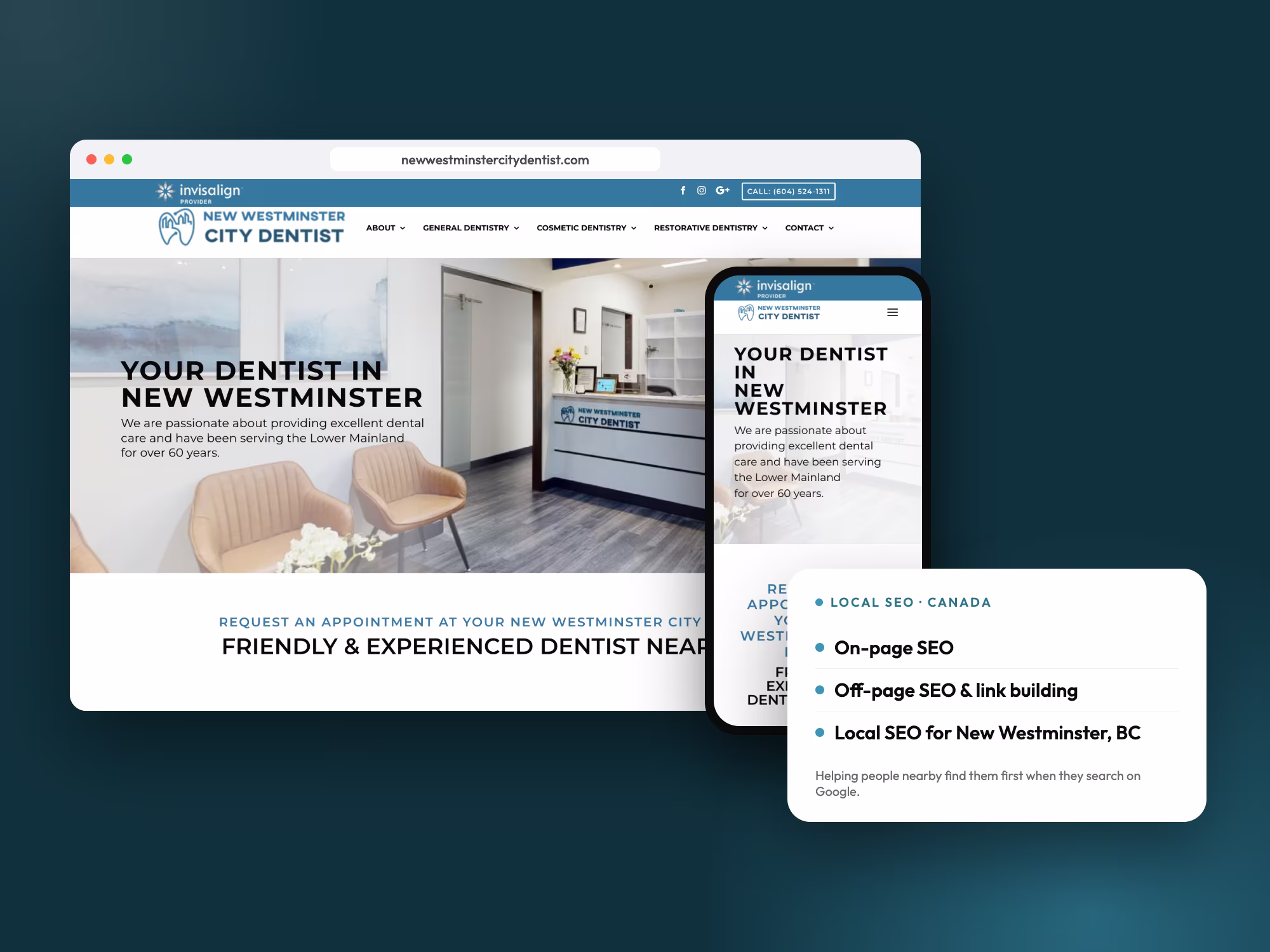 New Westminster City Dentist website on desktop and mobile with its local SEO services