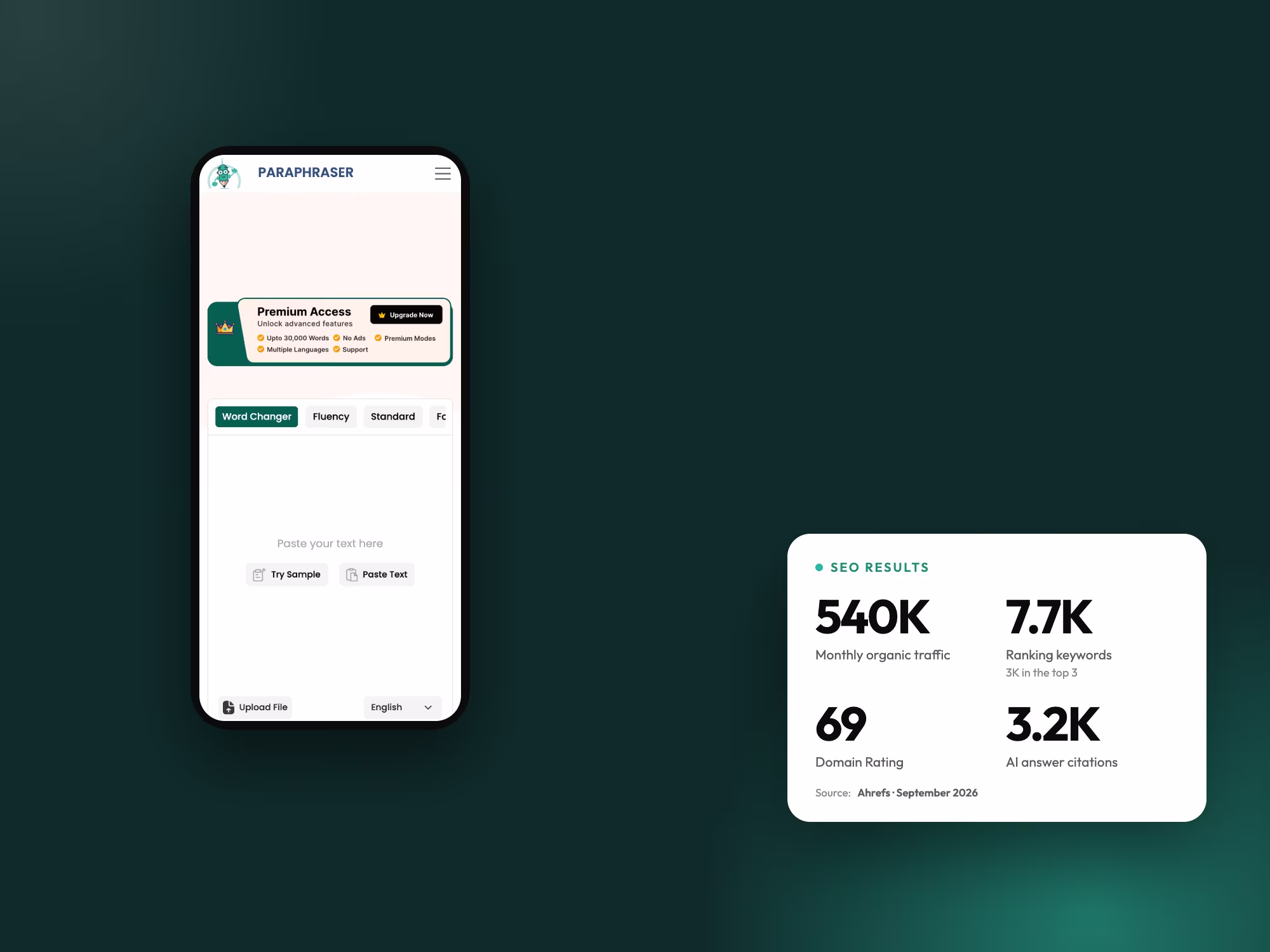 Paraphraser.io on mobile with its SEO results: 540K monthly organic visits