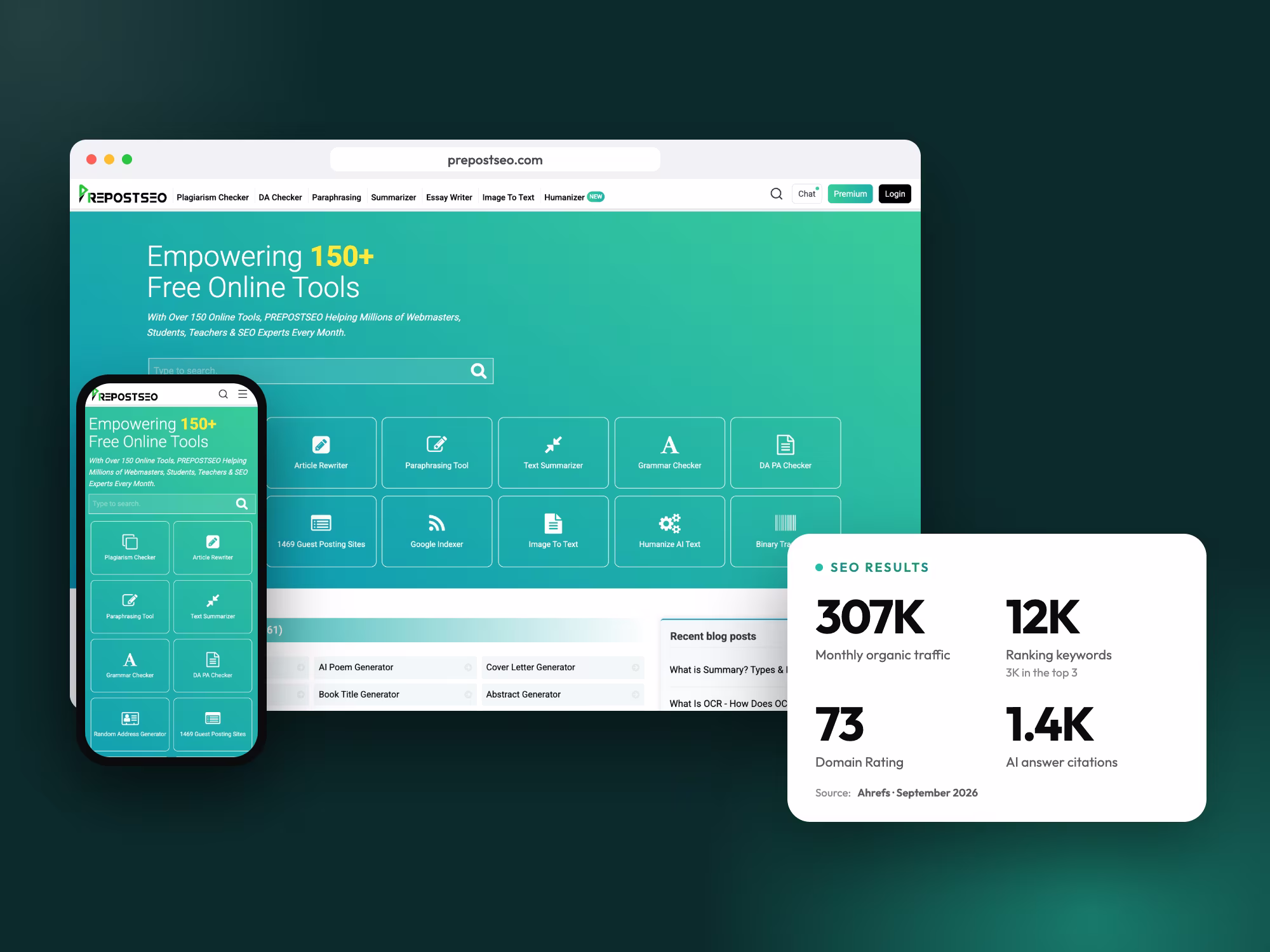 Prepostseo tools website with its SEO results: 307K monthly organic visits