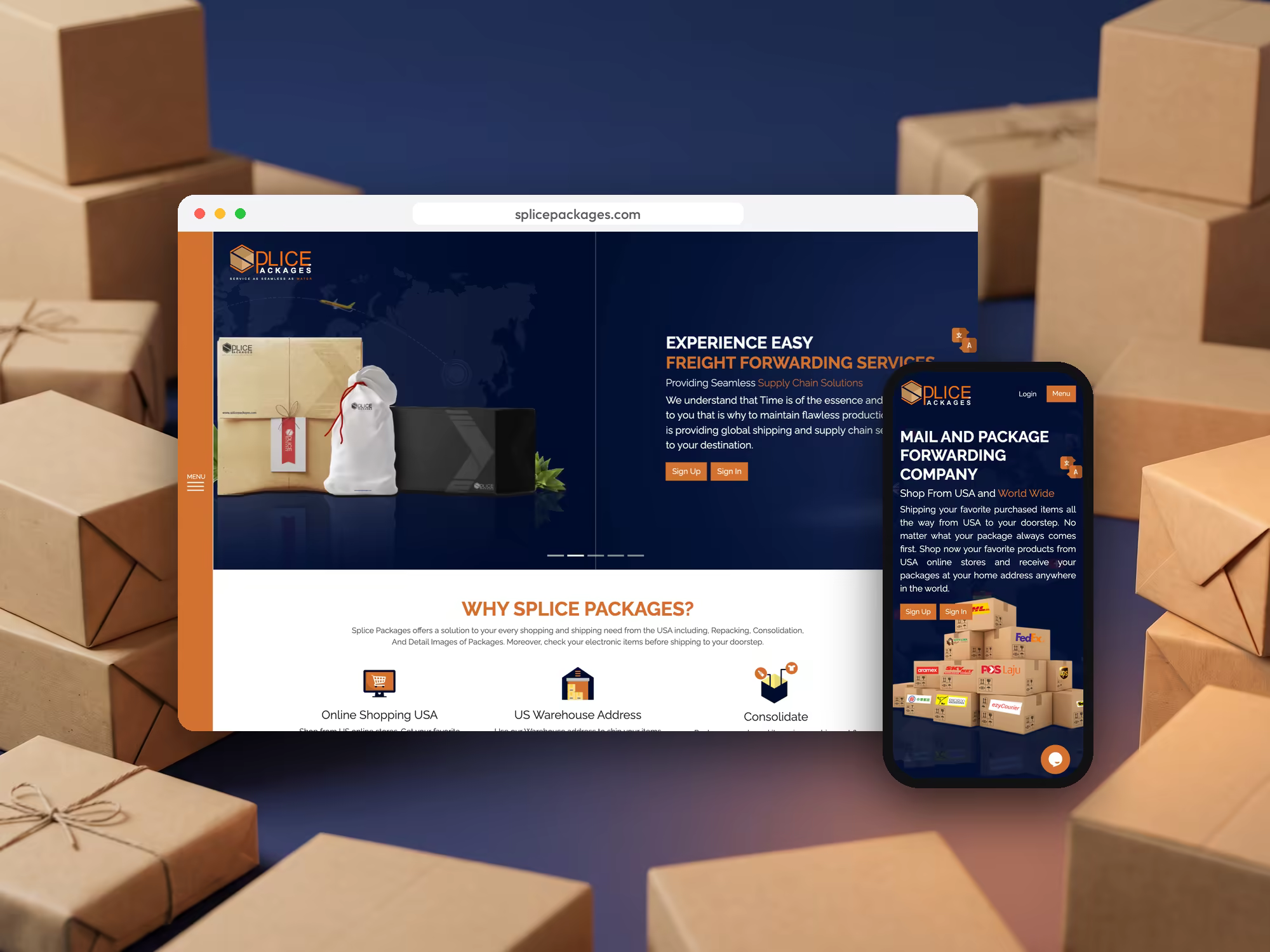 Splice Packages package forwarding website on desktop and mobile