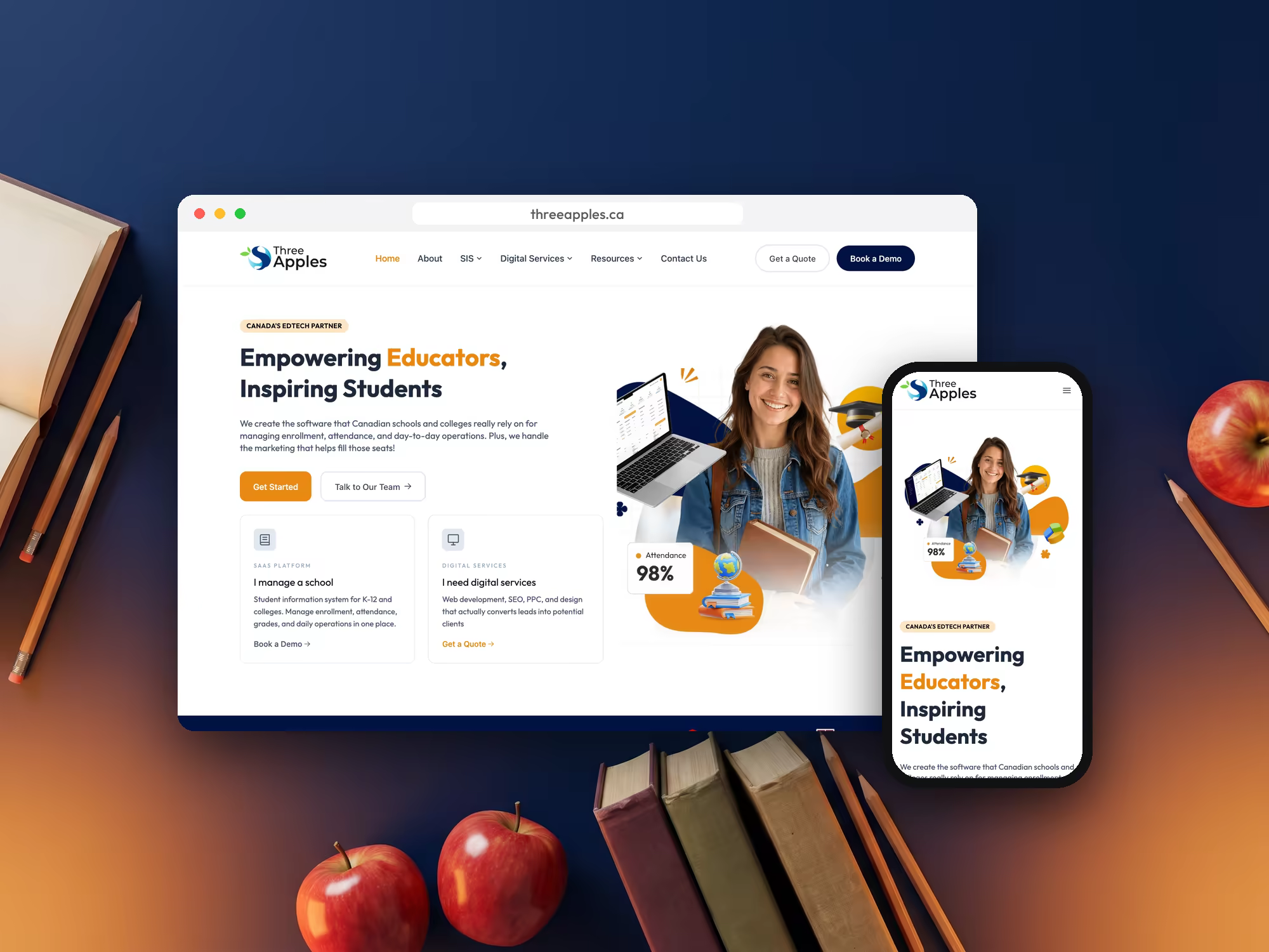 Three Apples EdTech website on desktop and mobile